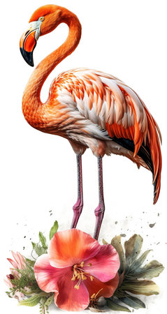 The Magic of the Tropics, A Beautiful Pink Flamingo with Colorful Flowers, Isolated on White Background - Generative AIの素材