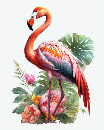 Pink Paradise, A Stunning Flamingo with Tropical Flowers, Isolated on White Background - Generative AIの素材