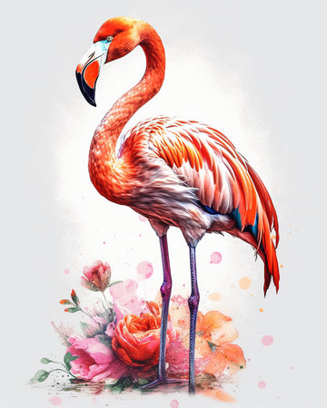 The Allure of the Tropics, A Stunning Flamingo with Colorful Flowers, Isolated on White Background - Generative AIの素材