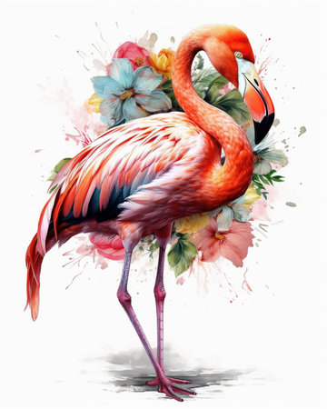 A Paradise of Flamingos, A Beautiful Pink Flamingo with Vibrant Flowers, Isolated on White Background - Generative AIの素材