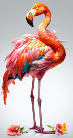 A Garden of Beauty, A Gorgeous Pink Flamingo amidst Exotic Flowers, Isolated on White Background - Generative AIの素材