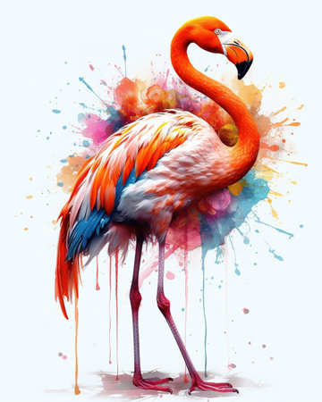A Radiant Vision, A Beautiful Flamingo with Vibrant Flowers, Isolated on White Background - Generative AIの素材