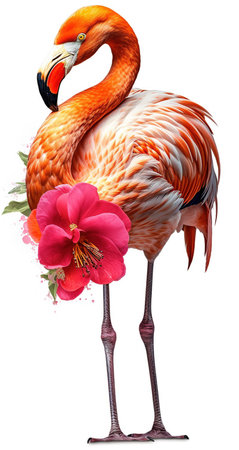 The Colors of Paradise, A Vibrant Pink Flamingo amidst Colorful Flowers, Isolated on White Background - Generative AIの素材