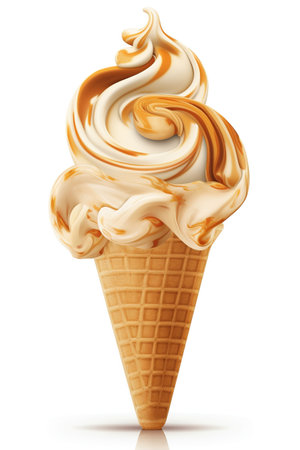 Indulge in Caramel: Caramel Swirl Ice Cream Cone, Isolated on White Background - Generative AIの素材