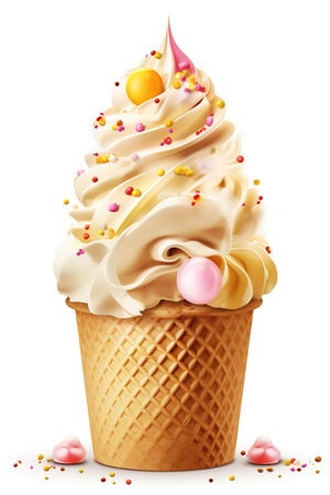 Party in a Cone: Birthday Cake Ice Cream Cone, Isolated on White Background - Generative AIの素材