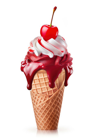 Cherry on Top: Cherry Garcia Ice Cream Cone, Isolated on White Background - Generative AIの素材