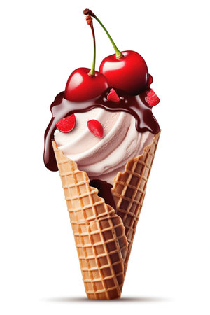 Cherry and Chocolate Delight: Cherry Garcia Ice Cream Cone, Isolated on White Background - Generative AIの素材
