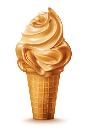 A Cone of Rich Caramel: Caramel Swirl Ice Cream Cone, Isolated on White Background - Generative AIの素材