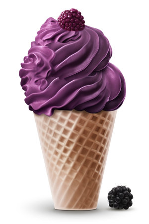 Indulge in Black Raspberries: Black Raspberry Ice Cream Cone, Isolated on White Background - Generative AI