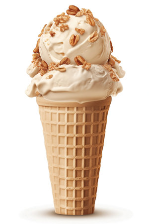 Indulge in Pecans: Butter Pecan Ice Cream Cone, Isolated on White Background - Generative AIの素材