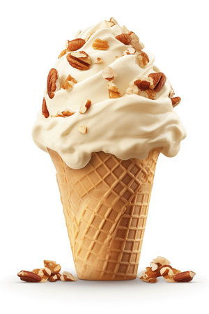 A Nutty Delight: Butter Pecan Ice Cream Cone, Isolated on White Background - Generative AIの素材