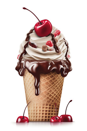 A Cone of Cherry Chocolate Heaven: Cherry Garcia Ice Cream Cone, Isolated on White Background - Generative AIの素材