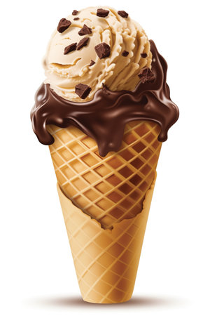 Indulge in Chocolate Chips: Chocolate Chip Ice Cream Cone, Isolated on White Background - Generative AIの素材