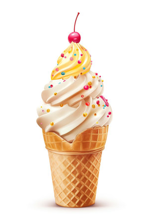 A Festive Symphony: Birthday Cake Ice Cream Cone, Isolated on White Background - Generative AIの素材