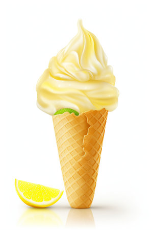 Indulge in Lemon: Lemon Sorbet Ice Cream Cone, Isolated on White Background - Generative AIの素材