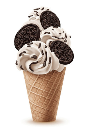 Indulge in Cookies: Cookies and Cream Ice Cream Cone, Isolated on White Background - Generative AIの素材