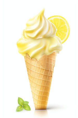 A Citrusy Treat: Lemon Sorbet Ice Cream Cone, Isolated on White Background - Generative AIの素材