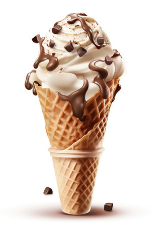 A Cone of Chocolate Chip Bliss: Chocolate Chip Ice Cream Cone, Isolated on White Background - Generative AIの素材