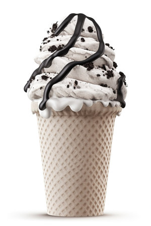 A Delicious Pairing: Cookies and Cream Ice Cream Cone, Isolated on White Background - Generative AIの素材