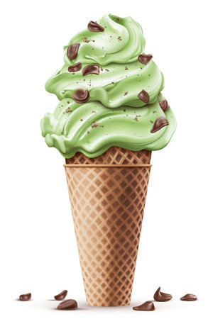 A Cool and Refreshing Delight: Mint Chocolate Ice Cream Cone, Isolated on White Background - Generative AIの素材