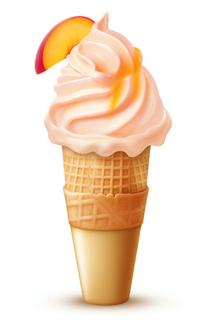 Juicy and Creamy: Peach Ice Cream Cone, Isolated on White Background - Generative AIの素材