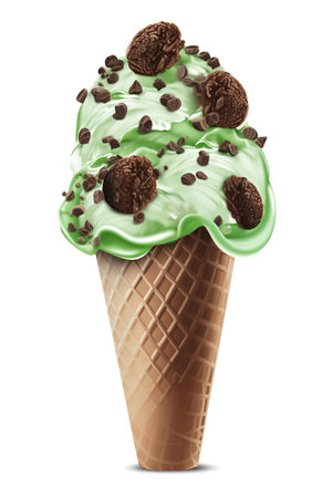 Indulge in Mint Chocolate: Mint Chocolate Ice Cream Cone, Isolated on White Background - Generative AIの素材