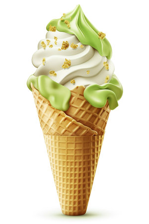 Satisfy Your Cravings: Pistachio Ice Cream Cone, Isolated on White Background - Generative AIの素材