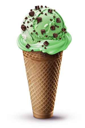 A Cone of Chocolatey Mint Bliss: Mint Chocolate Ice Cream Cone, Isolated on White Background - Generative AIの素材