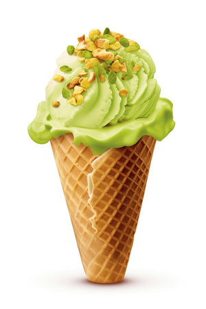 A Sweet and Salty Treat: Pistachio Ice Cream Cone, Isolated on White Background - Generative AIの素材