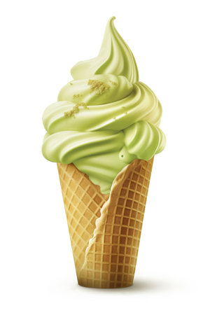 A Nutty Delight: Pistachio Ice Cream Cone, Isolated on White Background - Generative AIの素材