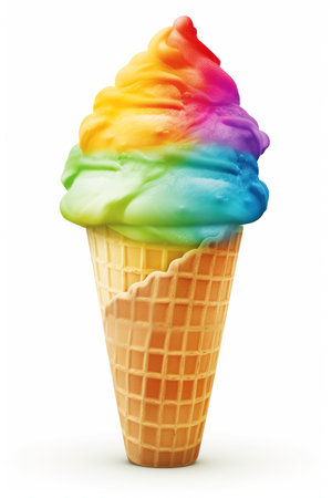 A Burst of Colors: Rainbow Sherbet Ice Cream Cone, Isolated on White Background - Generative AIの素材