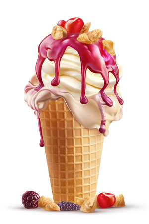 A Symphony of Flavors: Peanut Butter and Jelly Ice Cream Cone, Isolated on White Background - Generative AIの素材