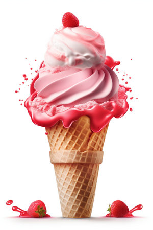 Sweet and Refreshing: Strawberry Ice Cream Cone, Isolated on White Background - Generative AIの素材