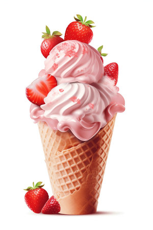 Summer's Favorite: Strawberry Ice Cream Cone, Isolated on White Background - Generative AIの素材
