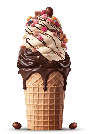 A Scoop of Happiness: Rocky Road Ice Cream Cone, Isolated on White Background - Generative AIの素材