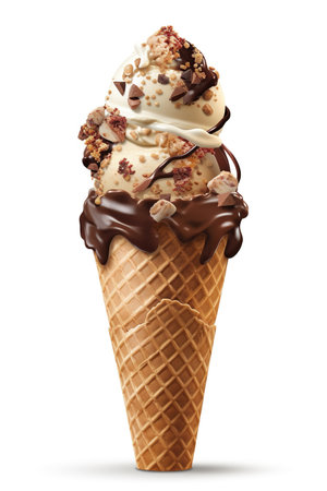 A Perfect Blend of Nuts, Chocolate, and Marshmallows: Rocky Road Ice Cream Cone, Isolated on White Background - Generative AIの素材