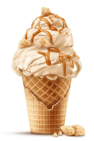 Peanut Butter Perfection: Peanut Butter Ice Cream Cone, Isolated on White Background - Generative AIの素材