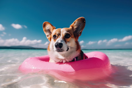 Beach Bum Corgi, A Whimsical Image of a Pup in Shades Relaxing on a Colorful Float. An adorable dog wearing sunglasses lounges on a colorful float at the beach in this playful stock photo. Perfect for summer-themed designs, this charming image adds a touch of fun and relaxation to any project.の素材