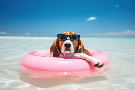 Beachy Beagle: A Playful Dog Wearing Sunglasses Relaxing on a Colorful Float. An adorable dog wearing sunglasses lounges on a colorful float at the beach in this playful stock photo. Perfect for summer-themed designs, this charming image adds a touch of fun and relaxation to any project.の素材
