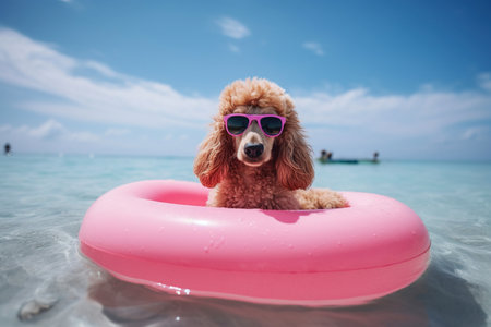 Poodle in Style, A Happy Dog in Sunglasses Relaxing in Style on a Beach Float. An adorable dog wearing sunglasses lounges on a colorful float at the beach in this playful stock photo. Perfect for summer-themed designs, this charming image adds a touch of fun and relaxation to any project.の素材