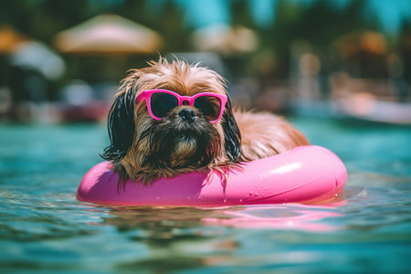 Chilling Out, Shih Tzu Enjoying the Beach Life on a Float. An adorable dog wearing sunglasses lounges on a colorful float at the beach in this playful stock photo. Perfect for summer-themed designs, this charming image adds a touch of fun and relaxation to any project.の素材