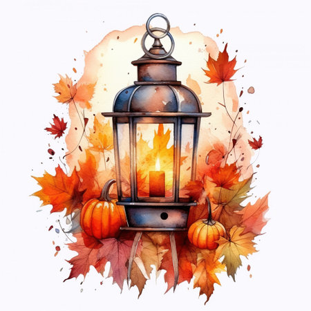 Cozy Lanternlight Ambiance: Autumn Watercolor Isolated on White Background - Generative AIの素材