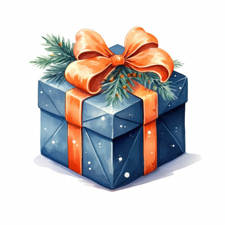 Watercolor christmas gift box with orange bow. Hand drawn illustrationの素材