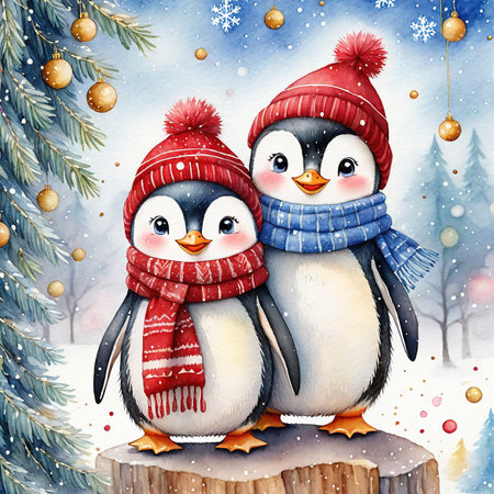 Penguins in a red hat and scarf on a winter background.の素材