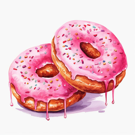 Donuts with pink glaze and sprinkles. Watercolor illustrationの素材