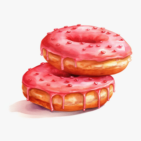Watercolor illustration of two donuts with pink glaze on a white backgroundの素材