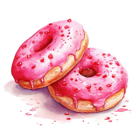 Illustration of donuts with pink glaze on a white backgroundの素材