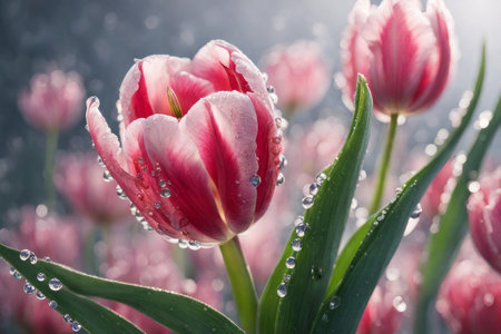 Beautiful tulip flowers with water drops on the petals.の素材