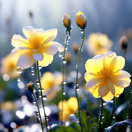 Spring flowers on a meadow with dew drops in the morningの素材