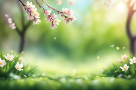 Spring background with blooming sakura flowers and green grass with bokeh effectの素材